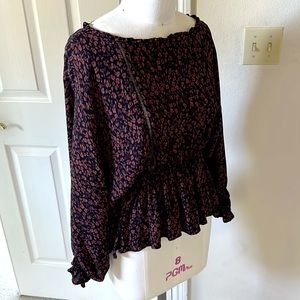 Anthropologie long sleeve brown floral elastic top